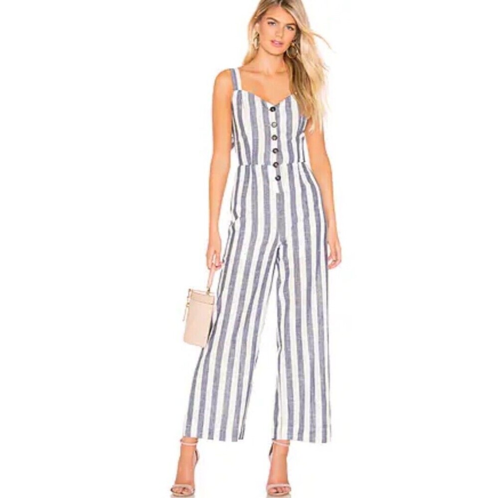 J.O.A. Revolve Womens Blue and White Stripe Linen Cotton Jumpsuit Small